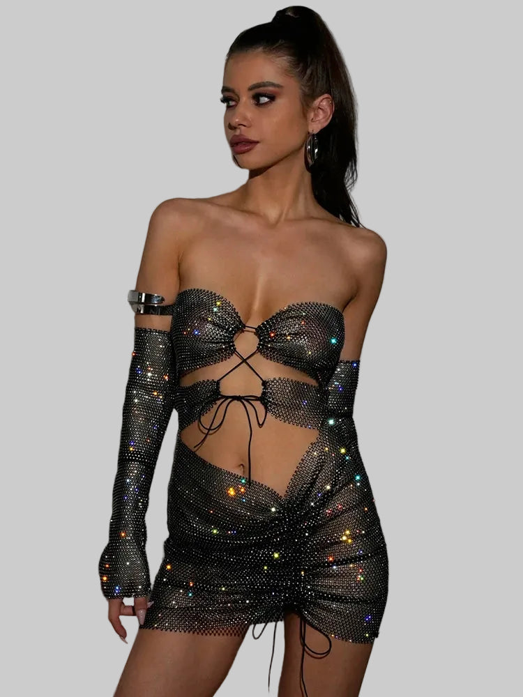 Rhinestone Diamond Two-Piece Set - Strapless Crop Top & Split Mini Skirt