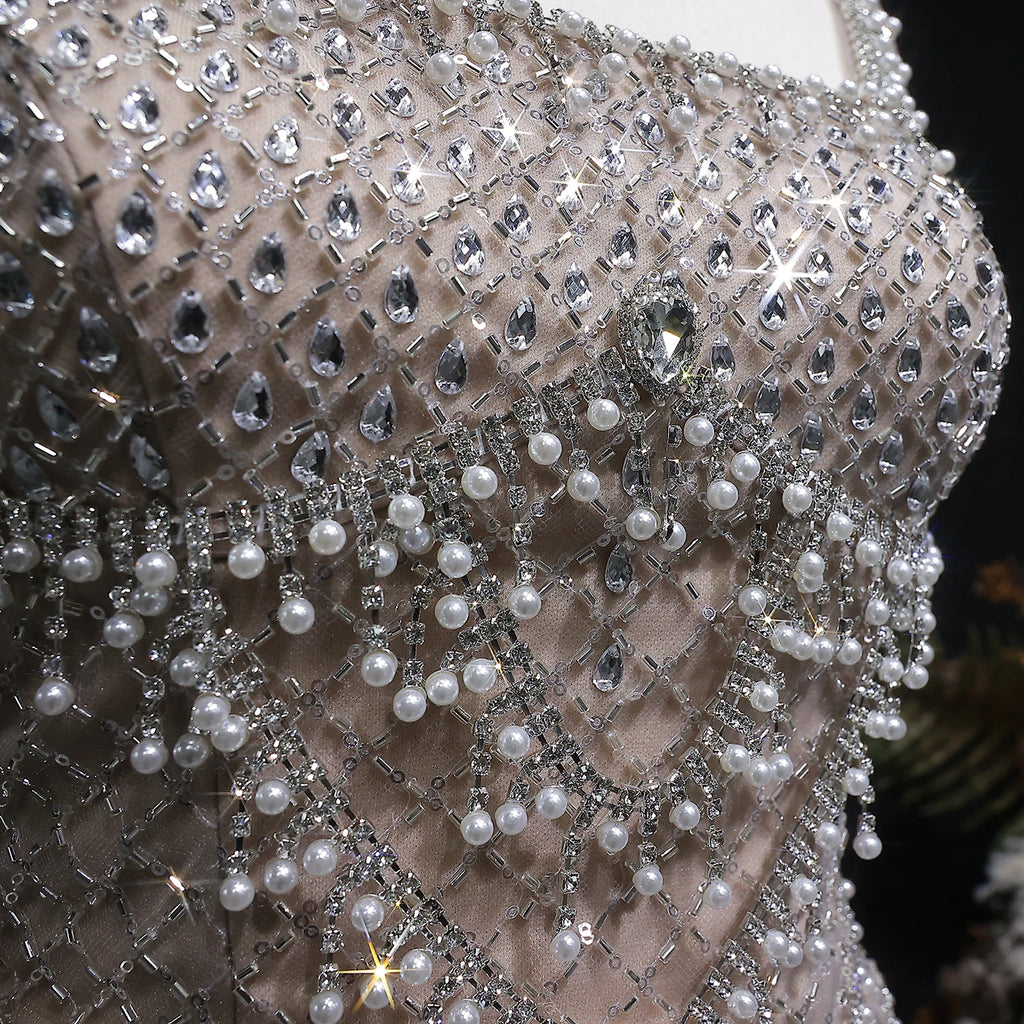 Crystal Beaded Column Pageant Gown | Square Neck | Champagne, Gray & Wine Red