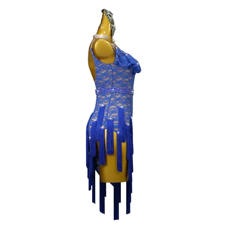 Blue Lace Tassel Latin Dance Dress with Accessories Set