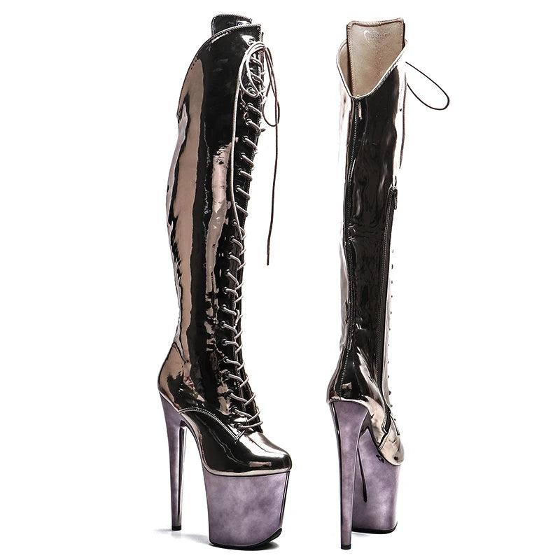 8-Inch Electroplated Thigh-High Boots - Lace-Up Dance Boots