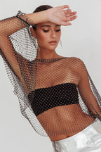 Rhinestone Fishnet Mesh Crop Top - Long Sleeve See-Through Top