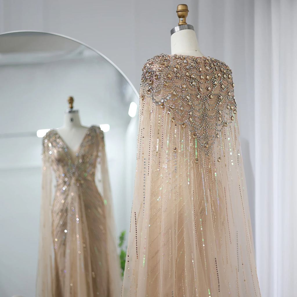 Crystal Cape Pageant Gown | Beaded | Floor-Length
