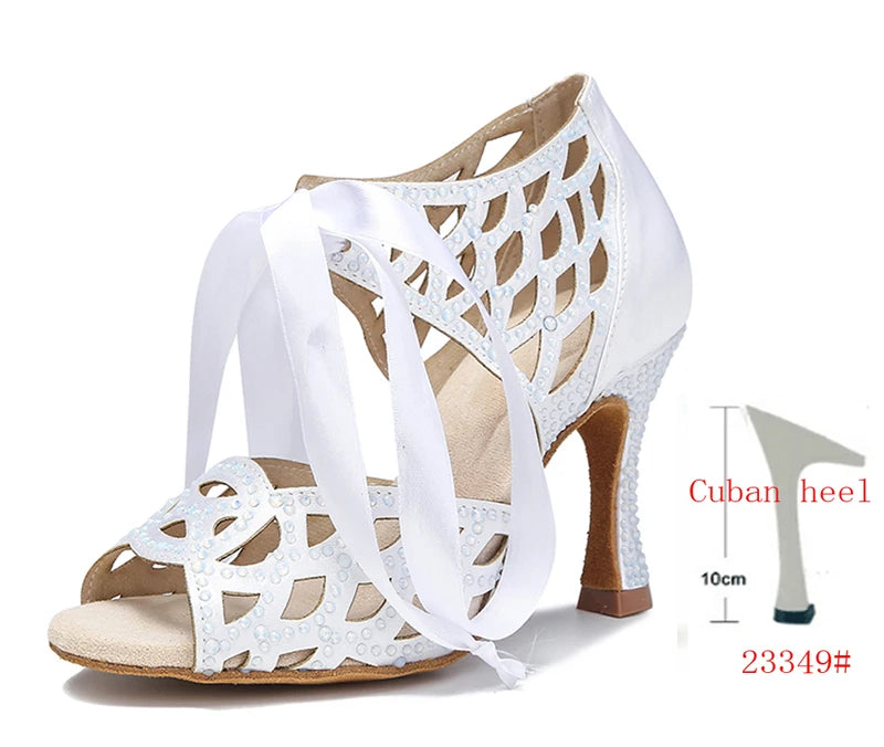 Cut-Out Lace-Up Latin Dance Sandals | Cuban Heel | 6–10cm | White, Black & Nude