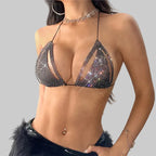 Rhinestone Fishnet Halter Bra Top - Backless Beach Bikini Top
