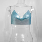 Metallic Glitter Halter Crop Top - Backless Corset Tank