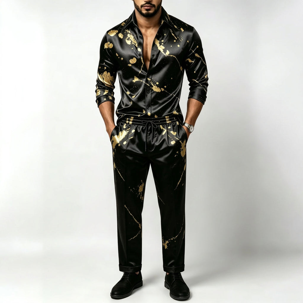 Men's Satin Shirt & Pants Set | Metallic Gold Print | Stage & Party