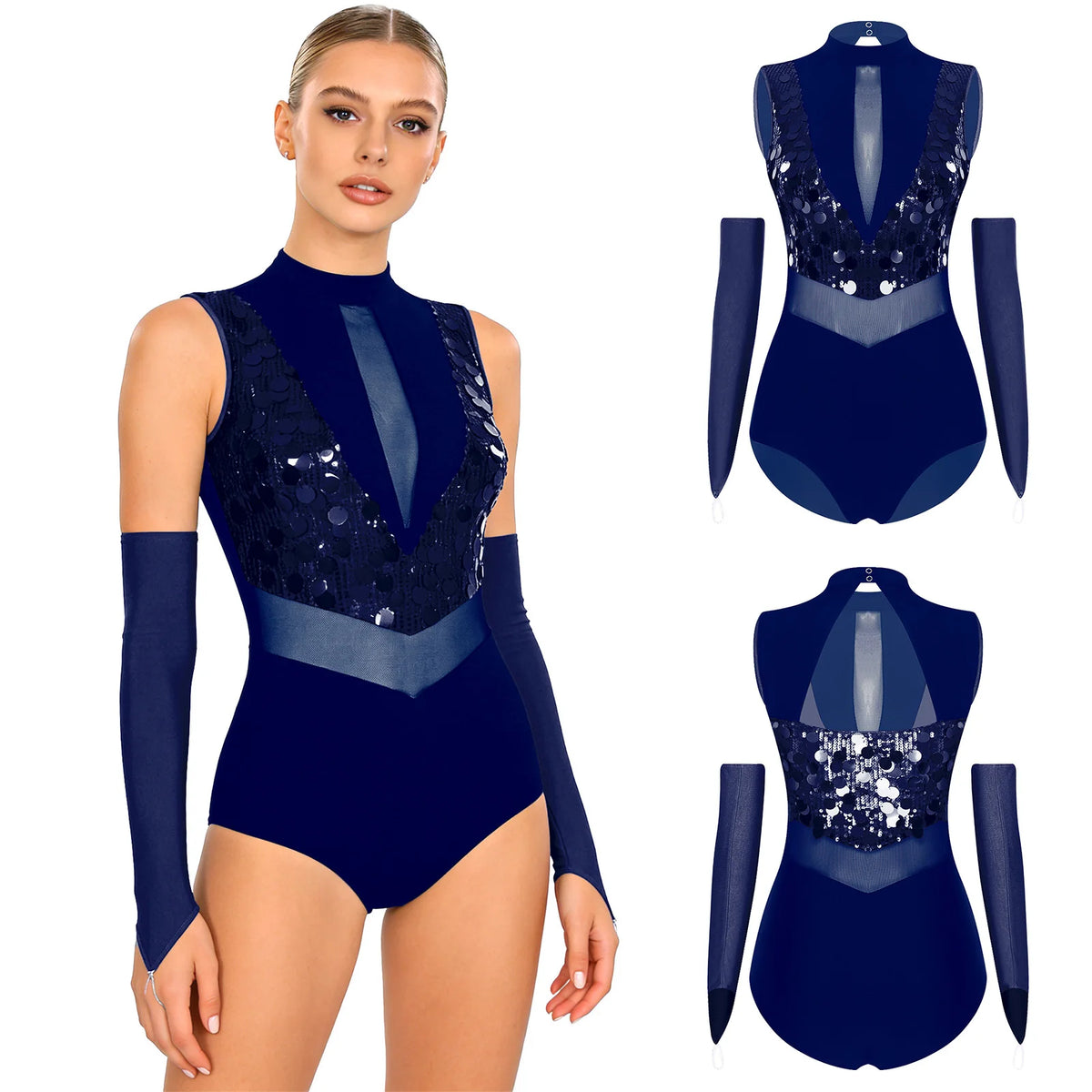 Women's Sequin Dance Leotard | Mock Neck & Sheer Mesh Waist | Includes Arm Sleeves