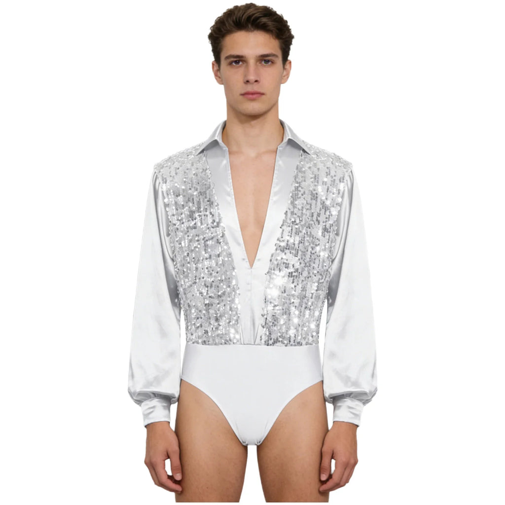 Men's Sequin V-Neck Dance Bodysuit | Satin Long Sleeves & Snap Crotch | Latin & Ballet