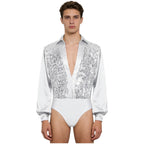 Men's Sequin V-Neck Dance Bodysuit | Satin Long Sleeves & Snap Crotch | Latin & Ballet