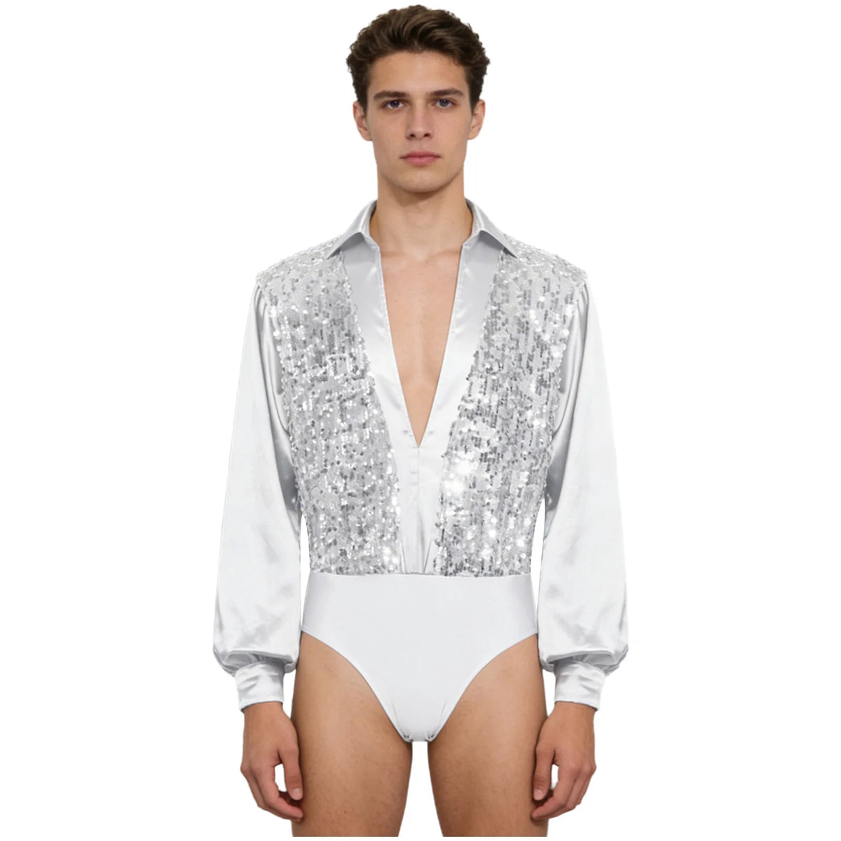 Men's Sequin V-Neck Dance Bodysuit | Satin Long Sleeves & Snap Crotch | Latin & Ballet