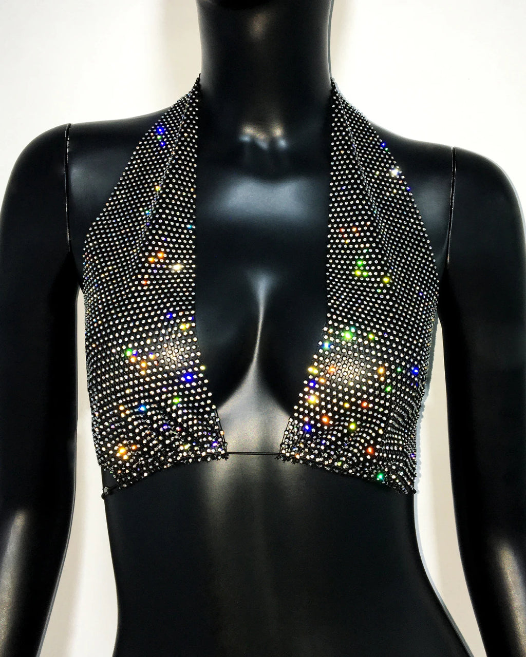 Rhinestone Fishnet Deep V-Neck Halter Crop Top