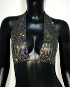 Rhinestone Fishnet Deep V-Neck Halter Crop Top