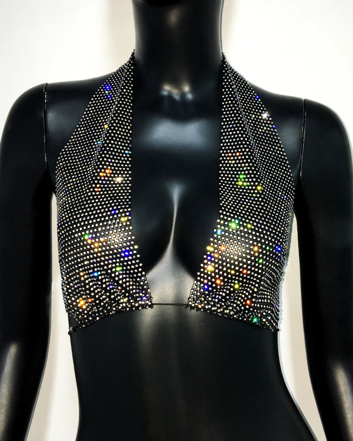 Rhinestone Fishnet Deep V-Neck Halter Crop Top