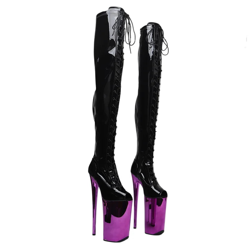 26cm Platform Thigh-High Boots - Patent Electroplate Dance Boots