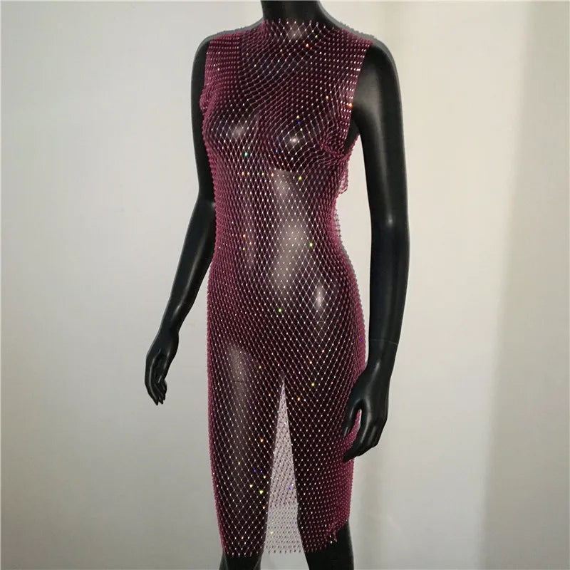 Rhinestone Fishnet Mini Dress - Sheer Cover-Up Party Dress