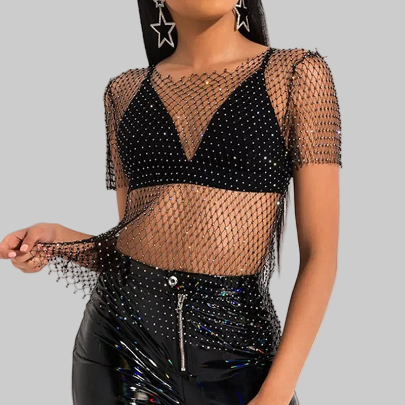 Rhinestone Mesh Long Sleeve Top - Sheer Fishnet Party Shirt