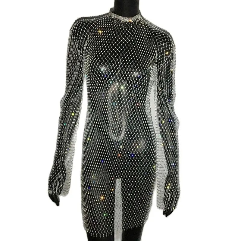 Rhinestone Fishnet Mini Dress - Long Sleeve Sheer Party Dress