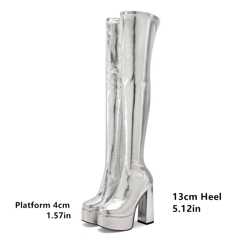 Thigh-High Platform Boots | Metallic Stretch