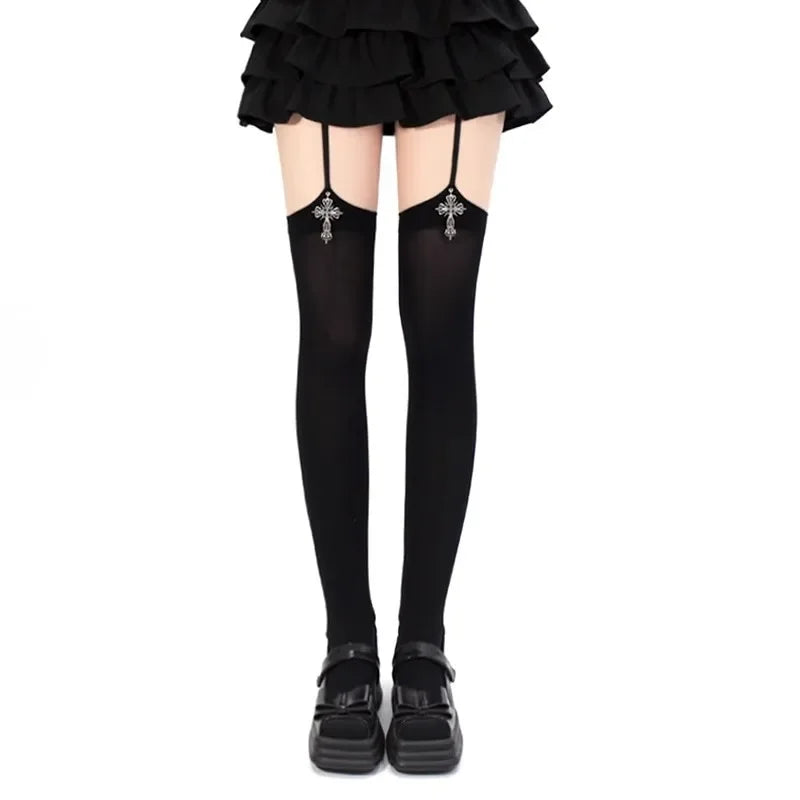 Cross Suspender Thigh-High Stockings | Gothic Lolita | One Size