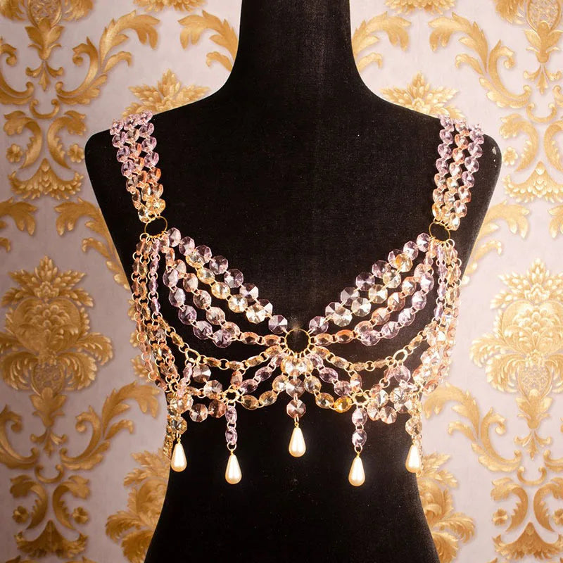 Glitter Crystal Pearl Tassel Crop Top - Backless Sheer Performance Top