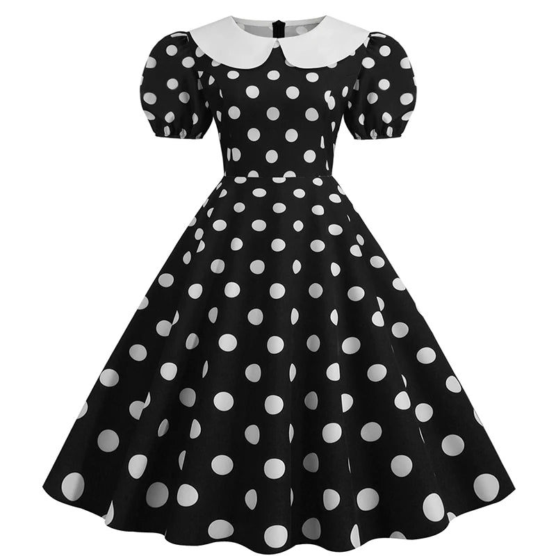 Vintage Polka Dot Puff Sleeve Dress | Petticoat | S–XXL