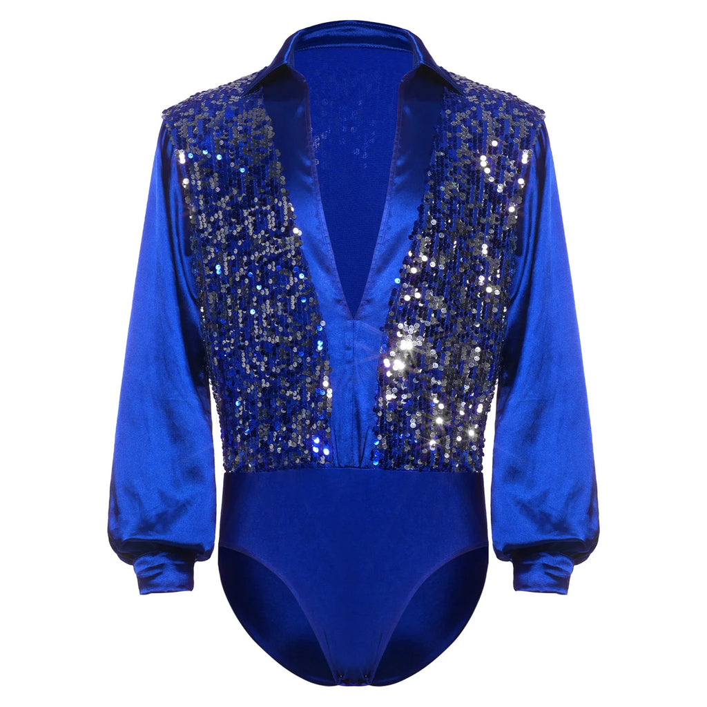 Men's Sequin V-Neck Dance Bodysuit | Satin Long Sleeves & Snap Crotch | Latin & Ballet