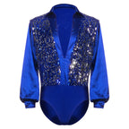 Men's Sequin V-Neck Dance Bodysuit | Satin Long Sleeves & Snap Crotch | Latin & Ballet
