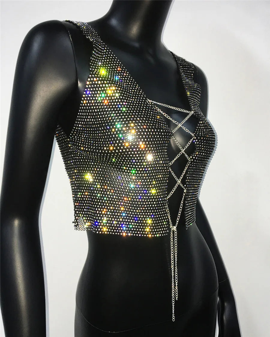 Metal Chain Fishnet Crop Top - Bandage Mesh Party Camisole