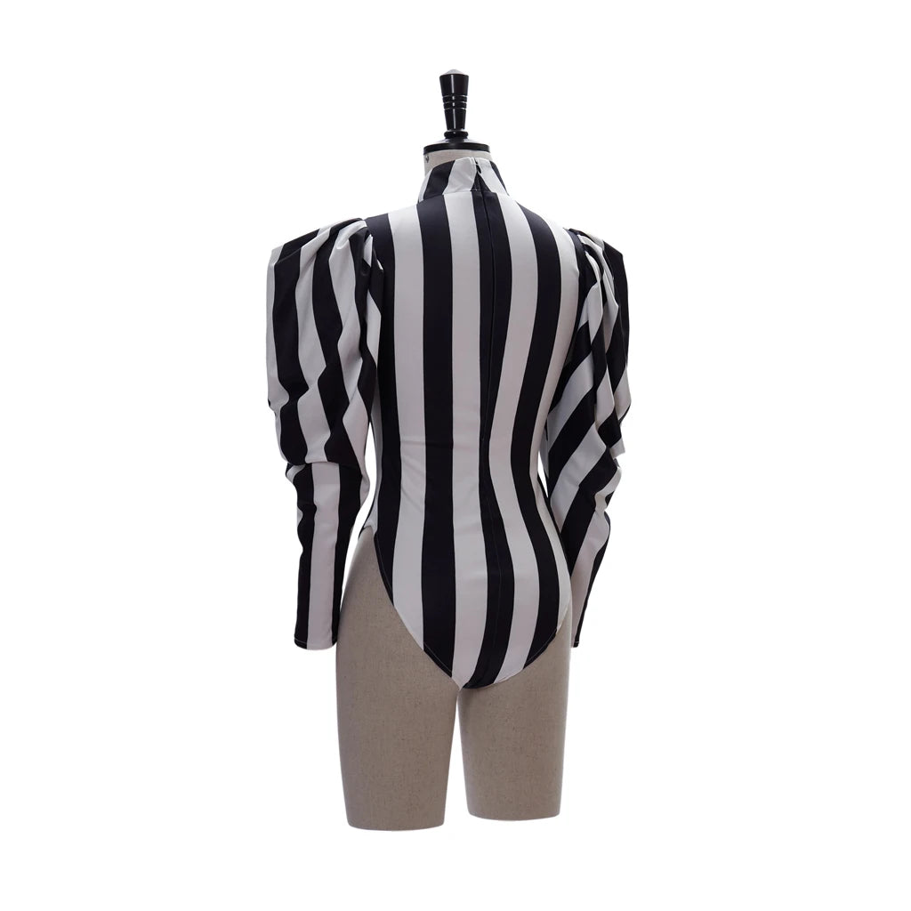 Striped Gothic Bodysuit | High Neck | Puff Sleeve