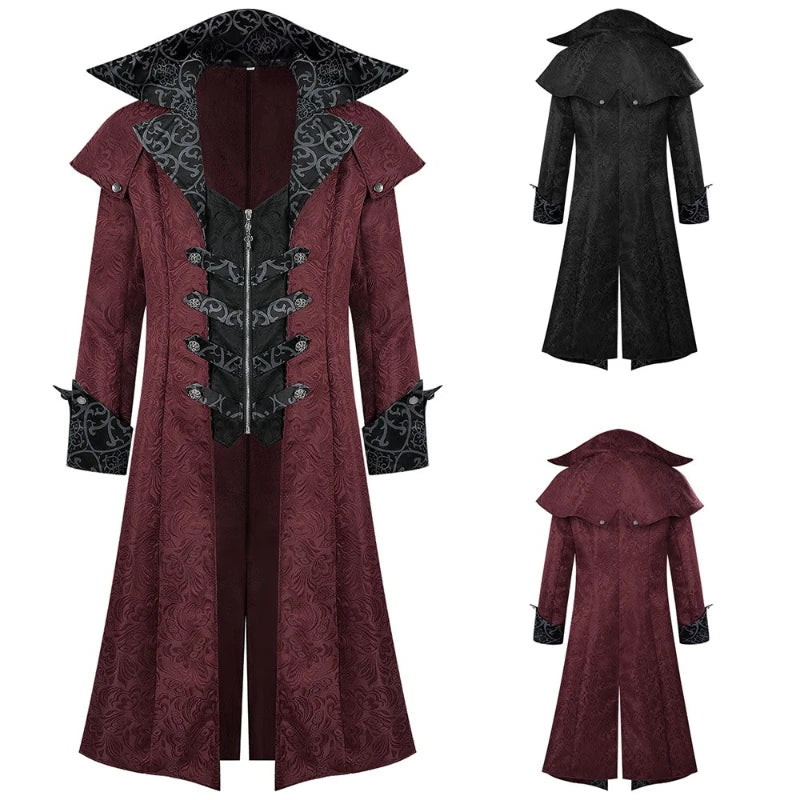 Jacquard Trench Coat | Gothic Medieval | Black & Maroon