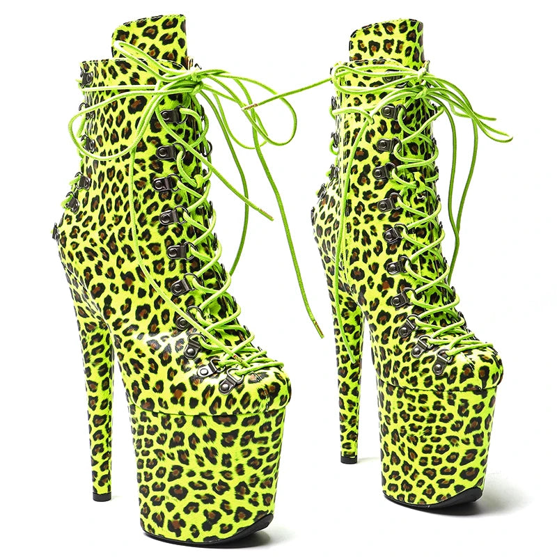 Leopard Print Platform Ankle Boots - 8 Inch Neon Pole Dance Boots