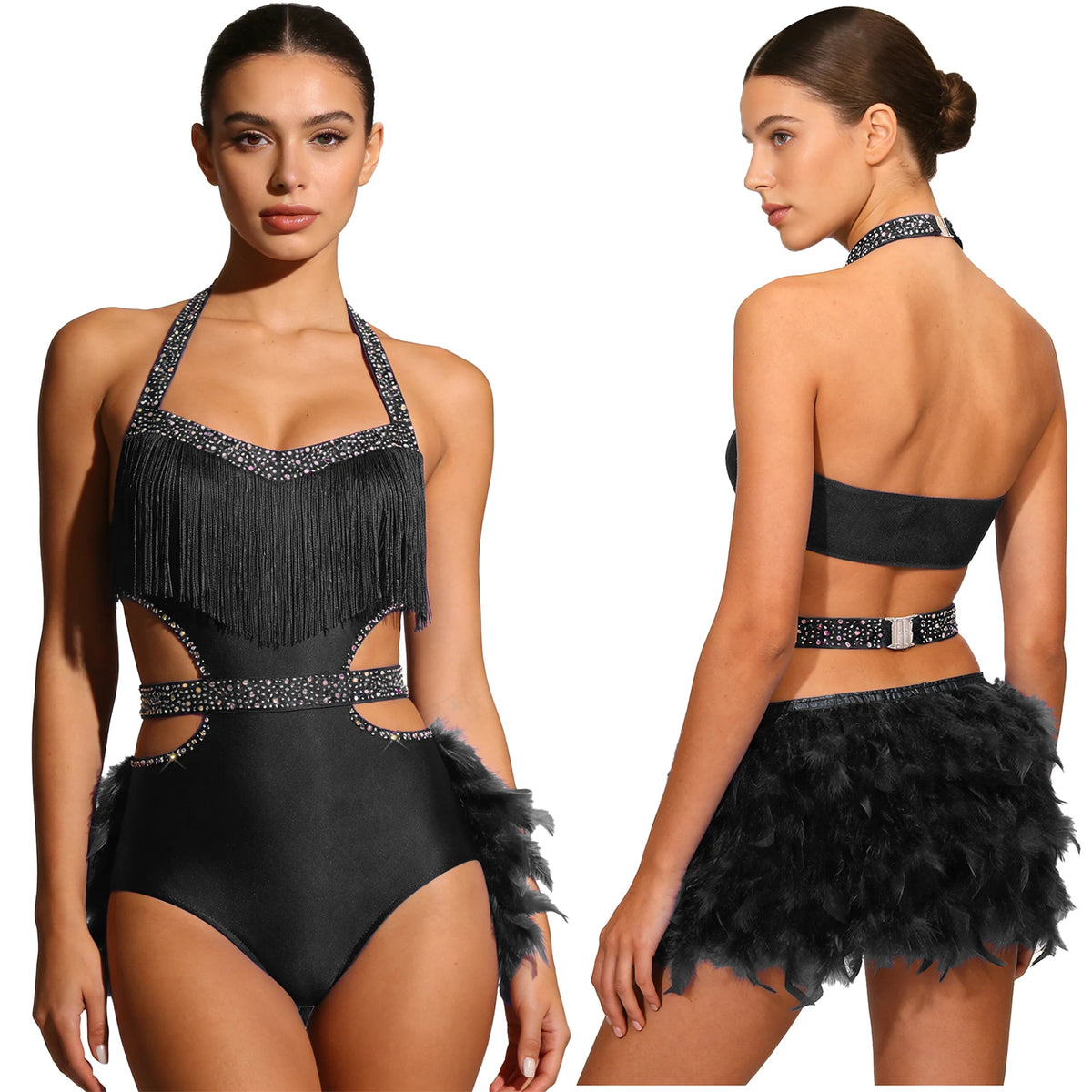 Dance Bodysuit | Rhinestones & Faux Feathers