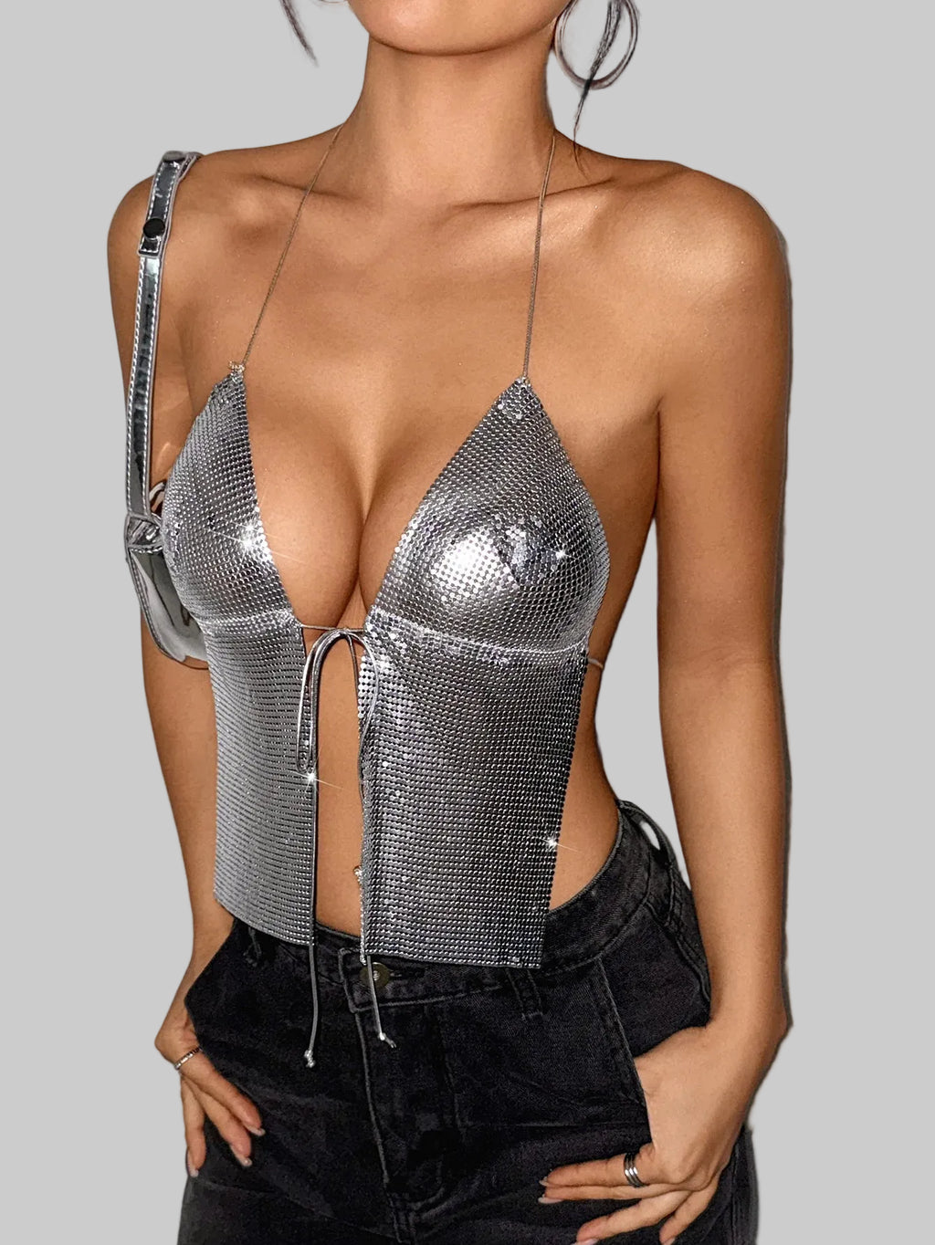 Metal Sequin Bandage Halter Crop Top - V-Neck Backless Tank