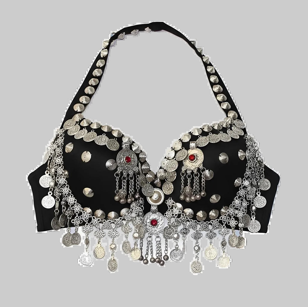 Tribal Belly Dance Coin Bra - Metallic Studs & Chain Drape Top