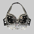 Tribal Belly Dance Coin Bra - Metallic Studs & Chain Drape Top