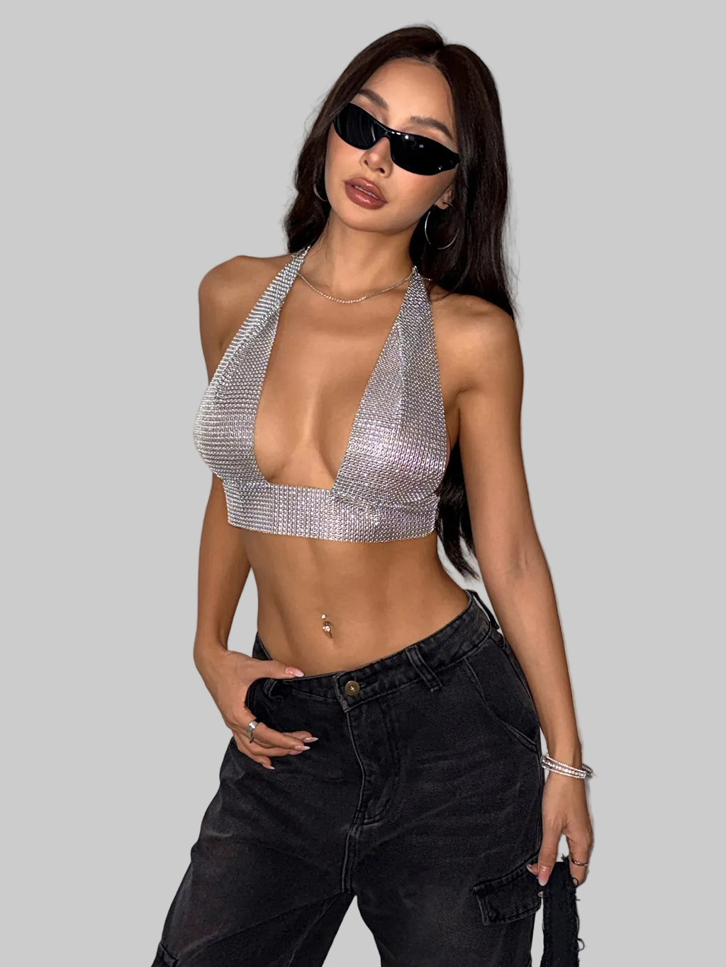 Metal Sequin Bandage Halter Crop Top - Deep V Backless Camisole
