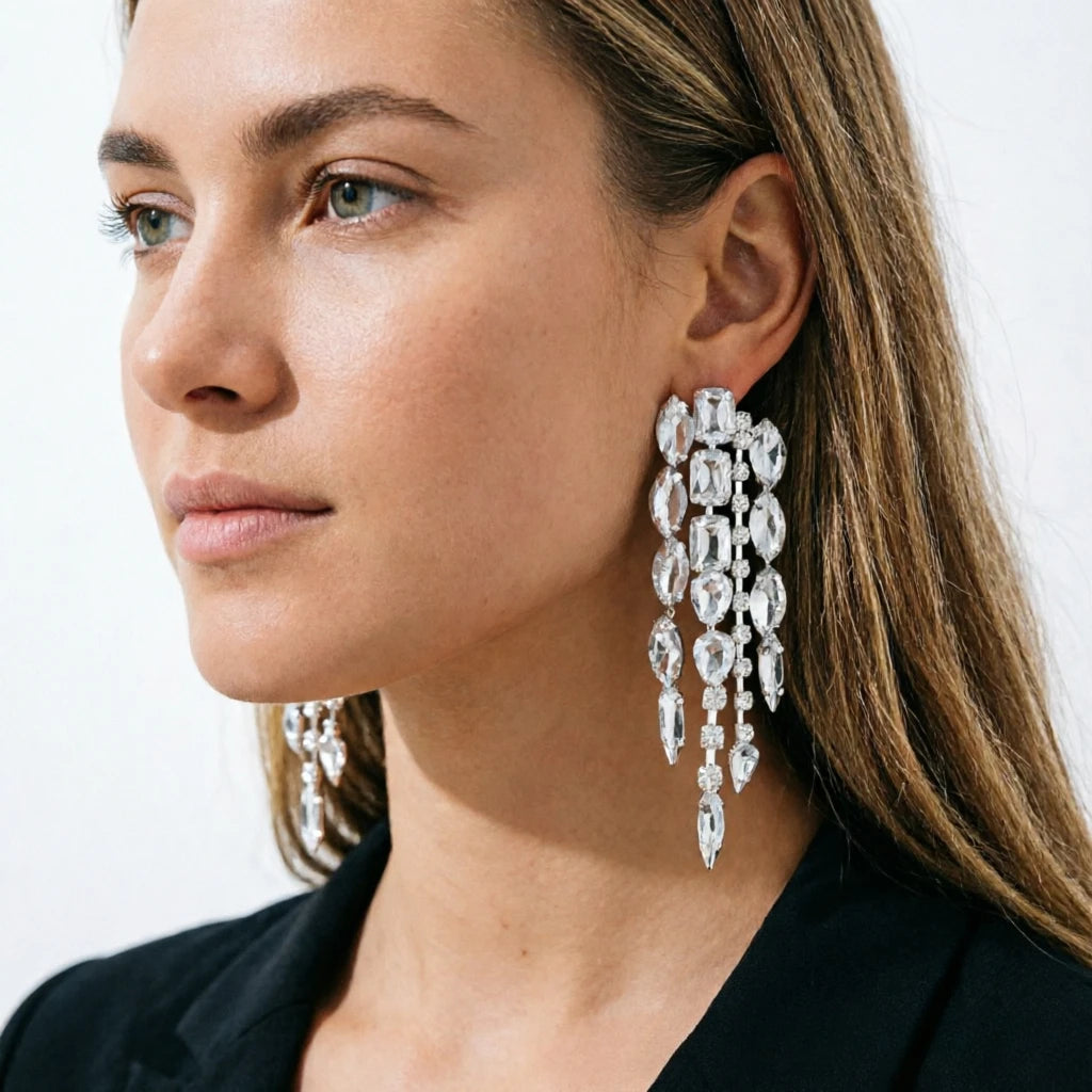 Long Rhinestone Tassel Earrings