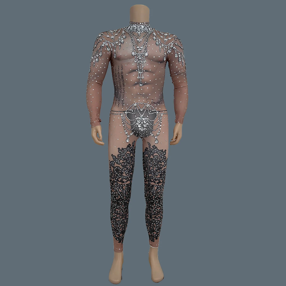 Men's Rhinestone Mesh Jumpsuit | Crystal Bodycon | Stage & Nightclub | One Size