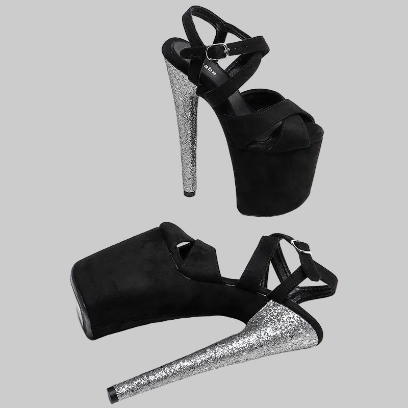 20CM Suede Glitter Platform Sandals - 8 Inch High Heel Pole Dance Shoes