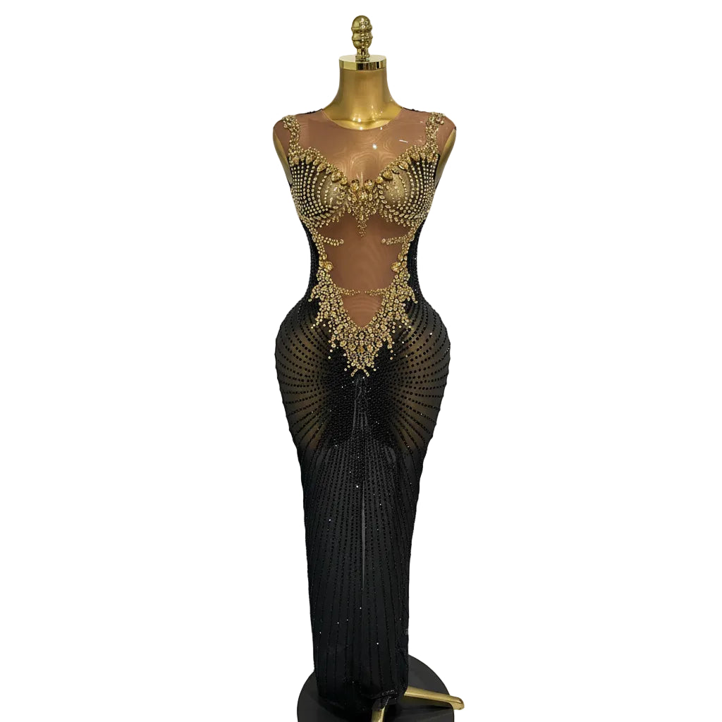 Gold Rhinestone Harness Gown | Sleeveless | Ankle-Length | Stage