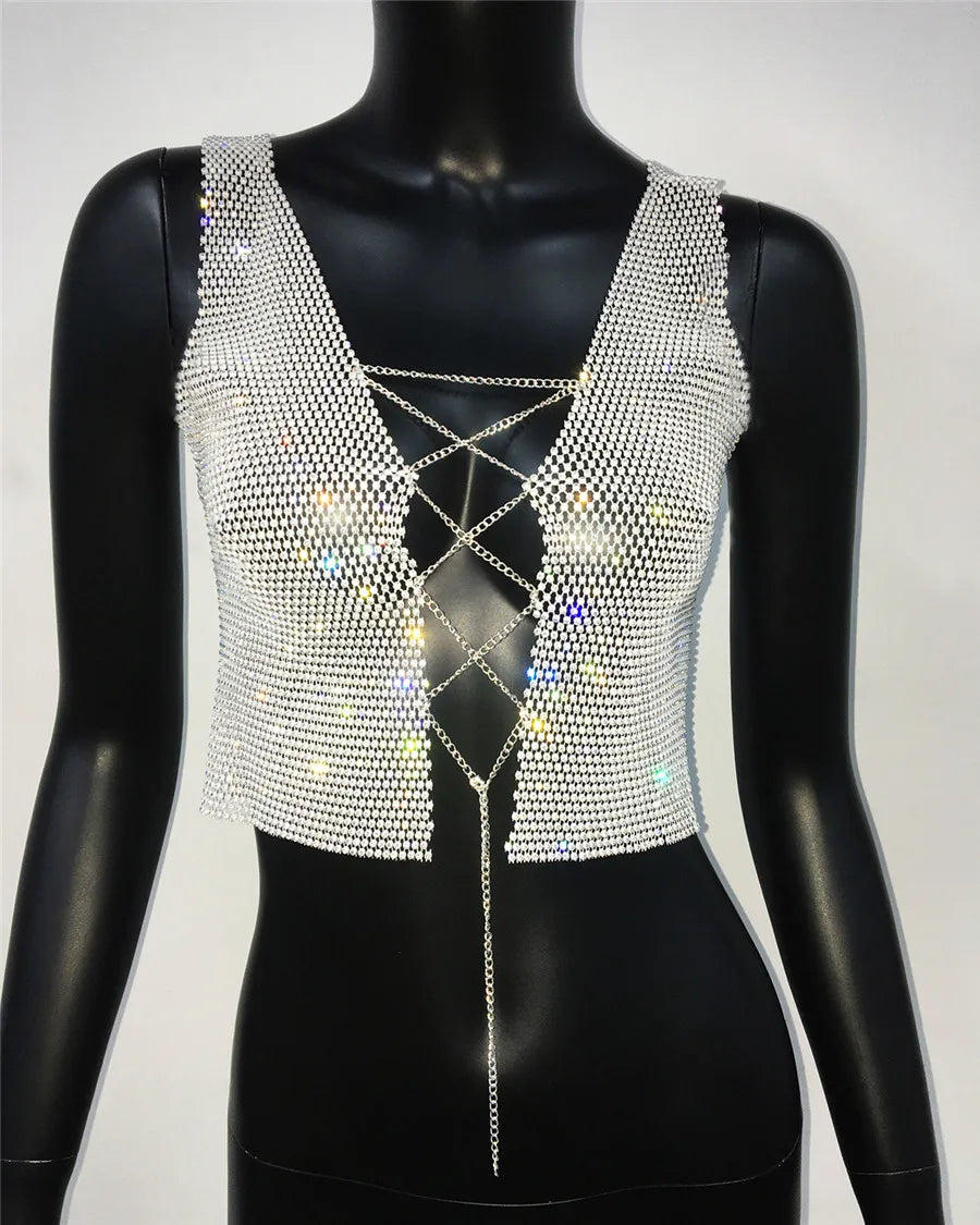 Rhinestone Fishnet Chain Crop Top - Deep V-Neck Bandage Style