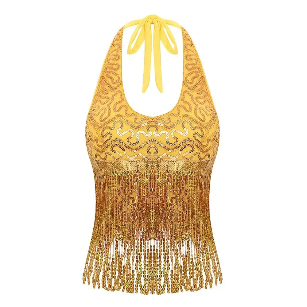Sequin Fringe Halter Belly Dance Top | Built-In Pads | Festival & Stage | One Size
