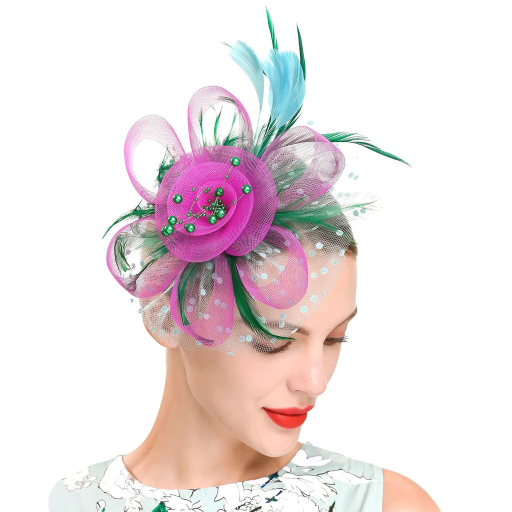 Feather Flower Fascinator Hat | Floral Mesh Headband | 36 Colors