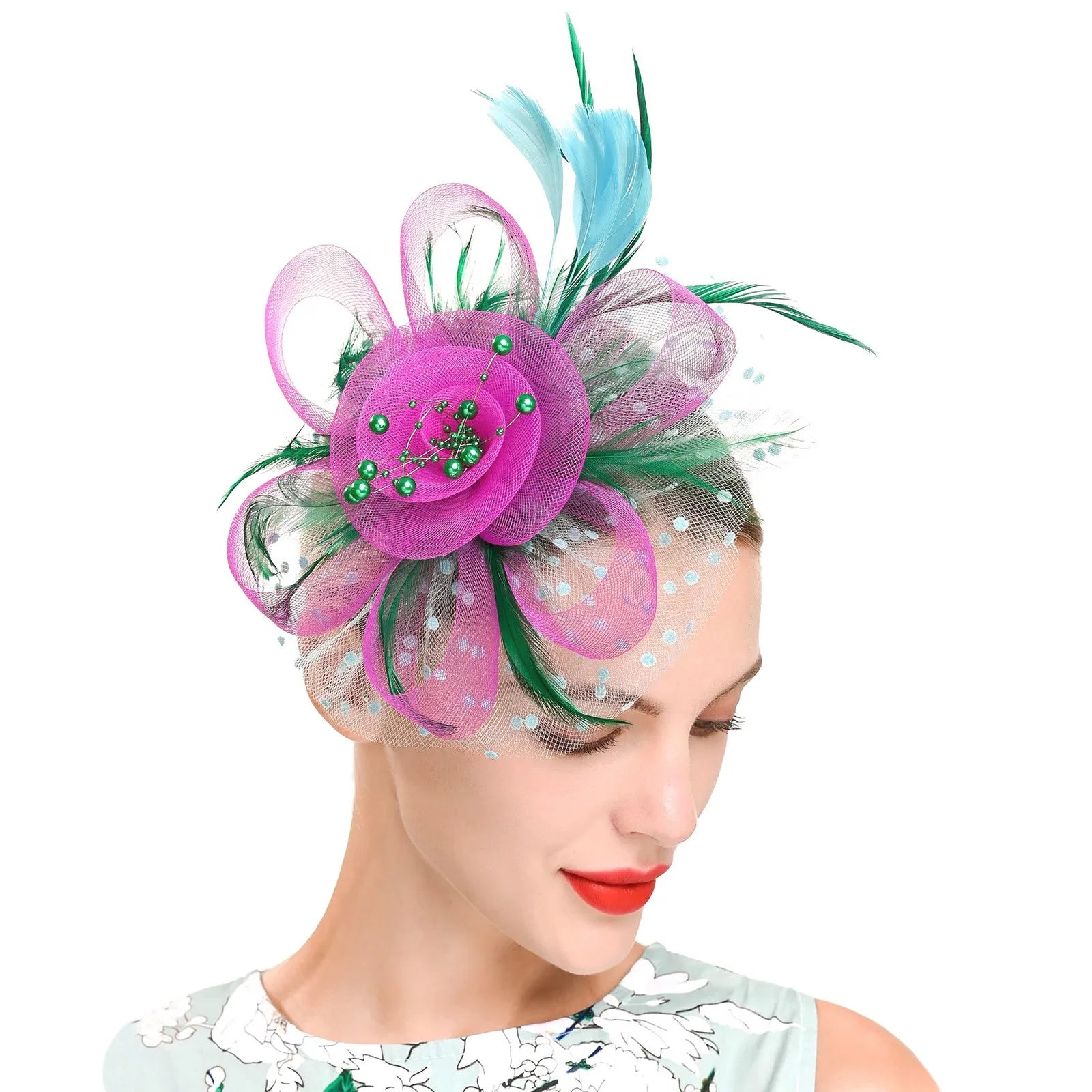 Feather Flower Fascinator Hat | Floral Mesh Headband | 36 Colors