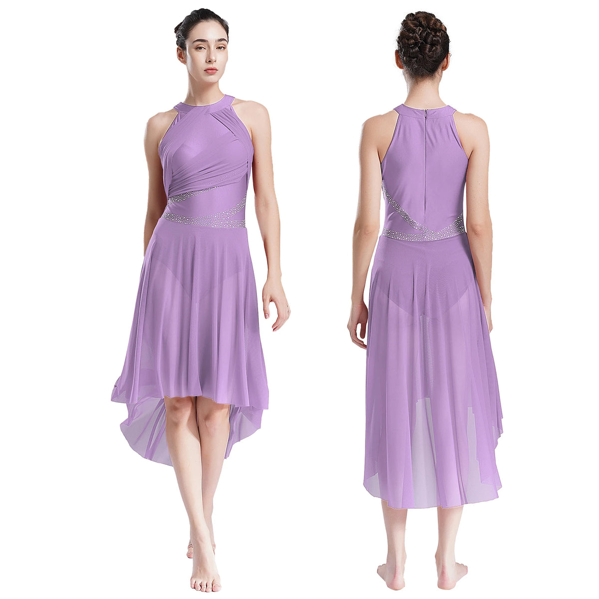 Women's Rhinestone Ruched Lyrical Dance Dress | Halter | Asymmetric Hem | 6 Colors | S–XXL
