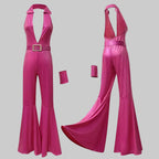 70s Disco Bell-Bottom Jumpsuit - Deep V-Neck Performance Bodysuit