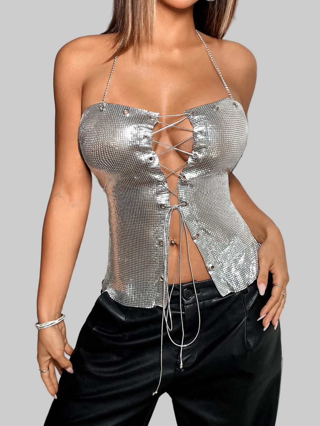 Metallic Sequin Bandage Crop Top - Off-Shoulder Halter