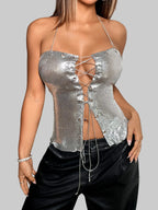 Metallic Sequin Bandage Crop Top - Off-Shoulder Halter