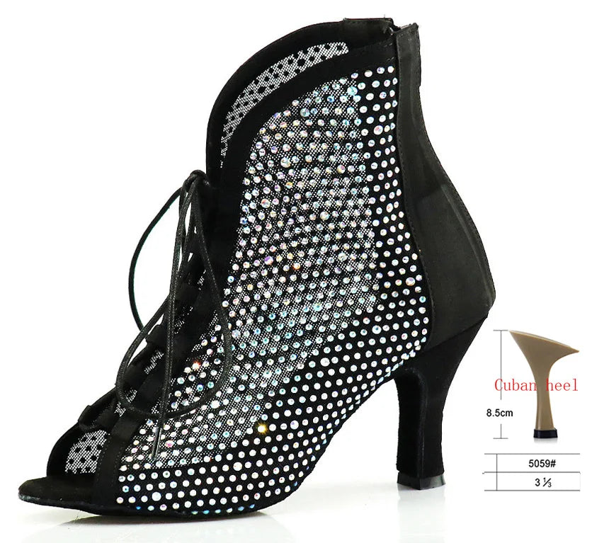 Rhinestone Latin Dance Boots | Black Mesh & Satin | Cuban Heel
