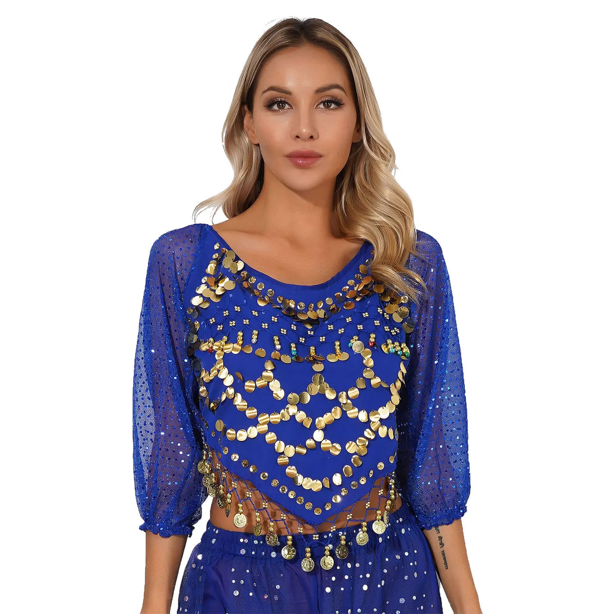 Sequined Belly Dance Crop Top | Coin & Bell Trim | Lace-Up Back